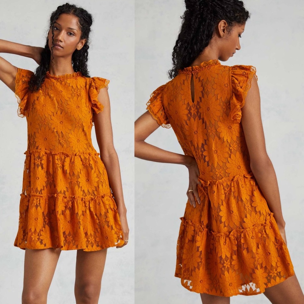 Anthropologie Blue Tassel Floral Lace Tiered Tunic Dress Gold Orange Size Small